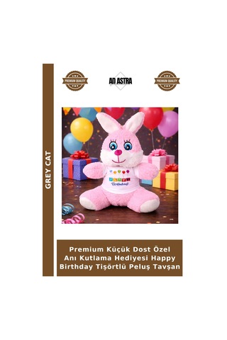 Premium Küçük Dost Özel Anı Kutlama Hediyesi Happy Birthday Tişörtlü Peluş Tavşan Çok Renkli