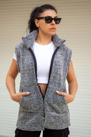 Kadın Gri Peluş Welsoft Kalın Fermuarlı Hakim Yaka Yelek 23kylkmy10 001