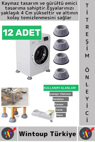 Titreşimönleyici Kaydırmaz Ses Titreşim Önleyici Çamaşır Makinesi Mobilya Sabitleyici Ayak 12 Adet Gri