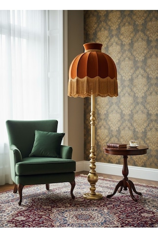 Gold Saçaklı Kiremit Renk Kadife Başlık Gold Ahşap Ayaklı Klasik Lambader 170x50cm