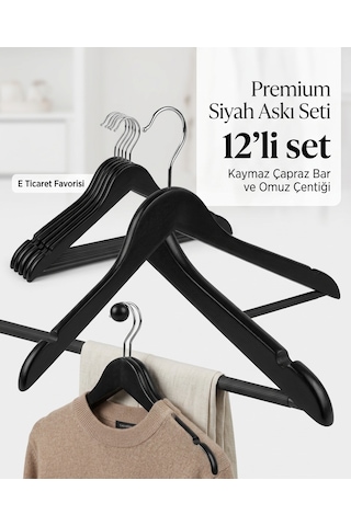 12 Adet Plastik Elbise Askısı Dayanıklı Kalın Askı Seti, Kırılmaz Askılık, Dolap İçi Düzenleyici Askı Siyah