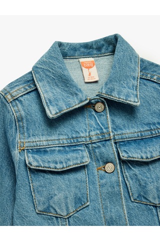 Koton Uzun Kollu Gömlek Yaka Kapaklı Cep Detaylı Pamuklu Denim Ceket Orta İndigo 6wmg20003ad