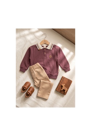 Deniva Kids Erkek Çocuk Çizgili Polo Yaka Düğmeli Sweatshirt Ve Beli Lastikli Bej Pantolon Alt Üst Takım Açık Kahve