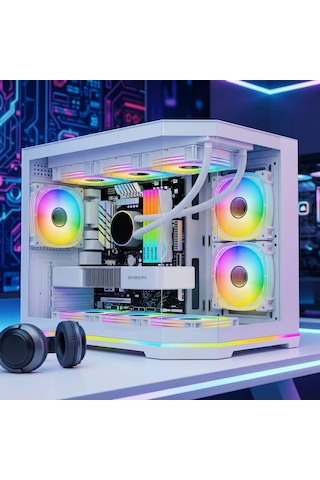 Atheron Lion Panoramik Beyaz Gaming Kasa 6x120mm Argb Fanlı 360mm Sıvı Soğutma Destekli Temperli Cam
