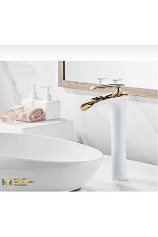 İsaoğlu Yapı Çanak Lavabo Bataryası Gold Beyaz Şelale Lavabo Musluğu Naturel Akışlı Batarya Beyaz