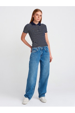 Dilvin 31464 Çizgili Polo Yaka T-shirt Lacivert