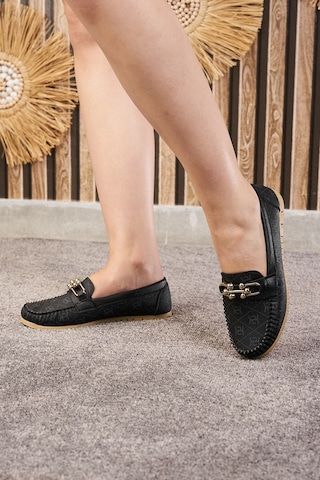 Günlük Kadın Babet Dikiş Detaylı Metal Tokalı Suni Deri Rahat Hafif Alçak Topuklu Ayakkabı 03 Siyah