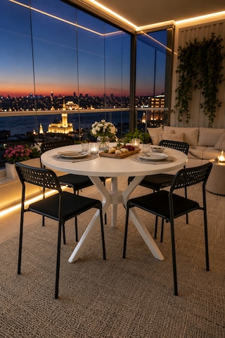 Beyaz 4 Kişilik Minderli Balkon Takımı, Balkon Masası, Balkon Sandalyesi, Yuvarlak Masa, Yemek Masası, Mutfak Masa Sandalye Takımı, 4 Sandalye 1 Ma Beyaz/beyaz-siyah