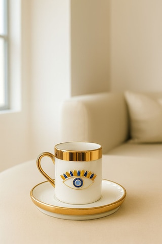 2 Kişilik Porselen Nazar Göz Platin Yaldız Fincan Takımı Seti Ve 2 Porselen Lokumluk Ve 2 Cam Bardak Altın - Beyaz