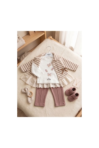 Deniva Kids Kız Bebek Fisto Detaylı Ceketli Kelebek Baskılı Fitilli Taytlı 3'lü Takım KREM
