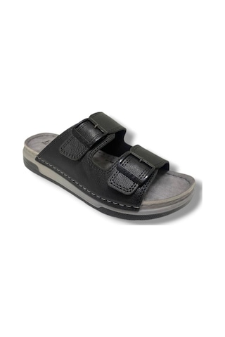 M253-0202-25 Deri Anatomik Soft Çift Bant Erkek Terlik Siyah