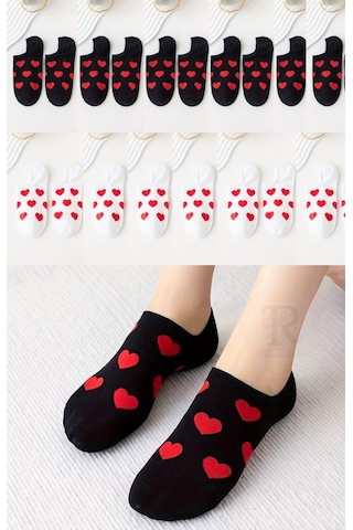 Trampler Kadın 10 Çift Kalpli Siyah - Beyaz Görünmez Babet Çorap Beyaz - Kırmızı - Siyah