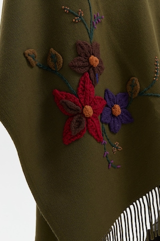 Desen Triko Kadın Örgü Çiçek İşlemeli Püsküllü Şal 24073 Haki Haki