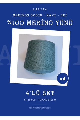 Asavia Merinos Bobin Örgü İpi 4'lü Set 4 X 100 Gr %100 Merino Yünü Mavi - Gri