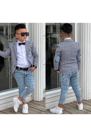 Uğurböceğiçocuk Ekose Denim Detaylı 5'parça Erkek Çocuk Takım 001