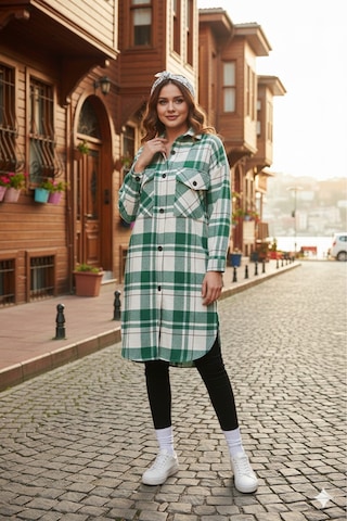 Polologin Butik Lı: Yeşil Kareli Uzun Oduncu Gömlek - Rahat Kesim Gömlek Elbise Tunik Yeşil