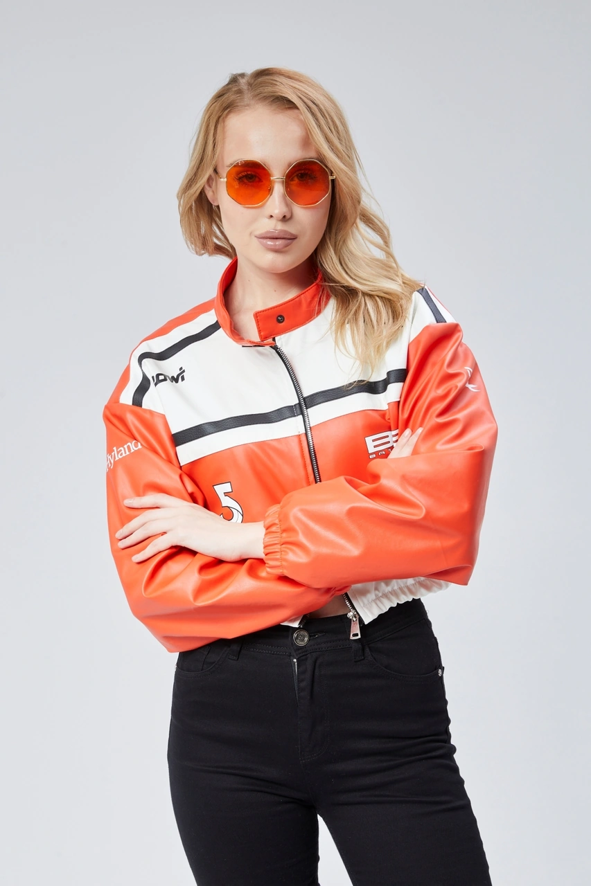 Kadın Deri Baskılı Şeritli Ceket Beli Ve Kolu Lastikli Kolej Hakim Yaka Bomber Yarışçı Motorcu Mont Oranj