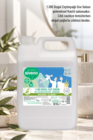 Siveno %100 Doğal Sıvı Kastil Sabun Zeytinyağlı Yoğun Nemlendirici Bitkisel Vegan 5 L