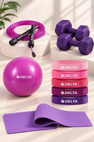 Pilates Egzersiz Seti 6 Mm Mat 5 Li Lateks Direnç Bandı 20 Cm Top Atlama İpi 1 Kg X2 Dambıl Mor