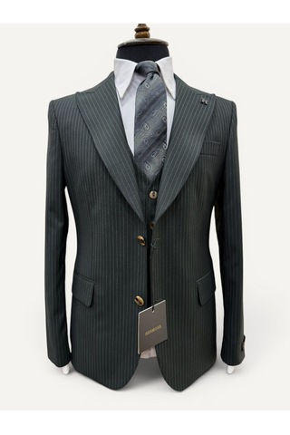 Hermose Sartorial Zümrüt Yeşili Çizgili Yelekli Takım Elbise Yeşil
