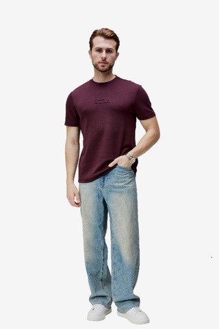 Canary Bordo Bisiklet Yaka Gofre Baskılı Modal Kumaş Standard Fit Erkek Tshirt Bordo
