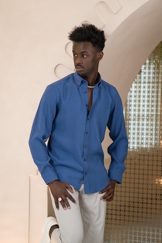 Dorss Yaka Düğmeli Yazlık İnce Tiril Tiril %100 Modal Slimfit Gömlek Saks
