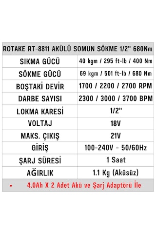 Rotake RT-8811 1/2'' 680 NM Akülü Somun Sökme