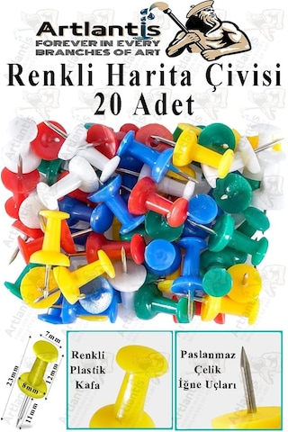 Harita Çivisi Renkli 20 Li 1 Paket Renkli Plastik Mantar Pano Raptiyesi Pano İğnesi Ofis Okul Büro Renkli Harita Çivisi