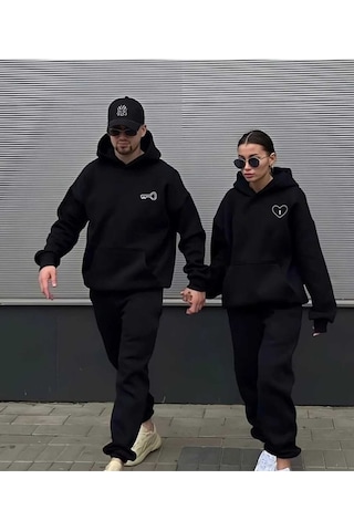 Nzn Collectıon Unisex Kadın Erkek Sevgili Çift Kombini Anahtar Kalp Baskılı Kapüşonlu Alt-üst Eşofman Takımı 2'li Siyah