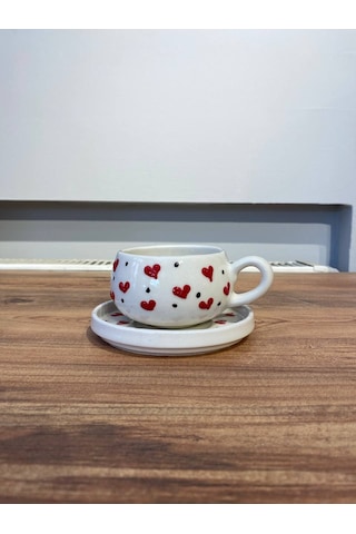 Kalp Desenli El Yapımı Seramik Fincan, Kupa Seti Ve Şekerlik