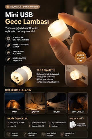 Taşınabilir Mini Usb Led Gece Lambası Tak Çalıştır 1w Sıcak Beyaz Işık Enerji Tasarruflu Kitap Okuma Aydınlatması Powerbank Kamp Laptop Araç İçi