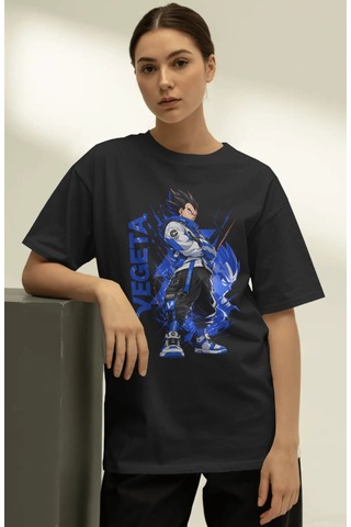 Unisex Oversize Vegeta Dragon Ball Anime Karakter Ön Baskılı Prem Siyah