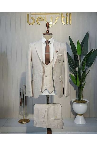Bys Beystil Sivri Yaka Krem Yelekli Kırçıllı Takım Elbise Storm- Slim Fit