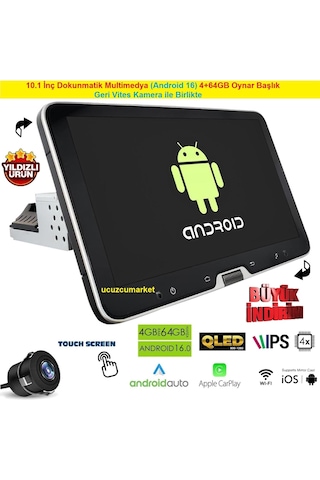 10.1 İnç Dokunmatik Multimedya Android 16 4+64gb Oynar Başlık Manual Döndürme + Geri Vites Kamera