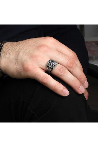 Gümüş Ay Yıldız Osmanlı Arması Kartal Desenli Erkek Yüzük Gümüş