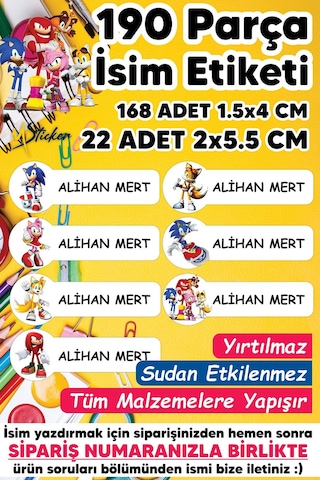 Okul Etiketi Kalem Defter Etiketi Sonic Temalı Isim Yazılabilen Etiket - 190 Adet