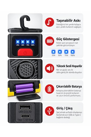 Çok Fonksiyonlu Reflektör Solar Lamba Powerbank Güneş Enerjili Yüksek Sesli Sirenli Lamba Acil Durum Sireni Uyarı Alarm Sesli Taşınabilir Şarjlı Ekstra Lambalı