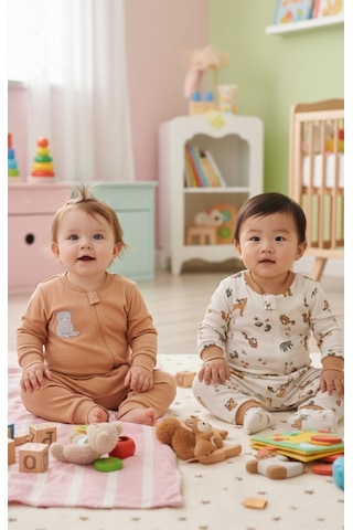 Baskılı 2'li Erkek Bebek Tulum Seti 3-24 Ay Kd53128 Kahverengi