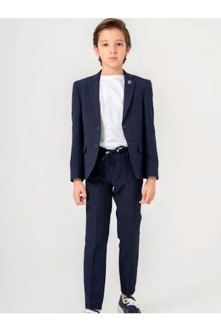 Carinos Erkek Çocuk T-shirt Ceket Belden Bağlamalı Pantolon 3'lü Spor Takım 7-10 Yaş Arası -15423 Lacivert