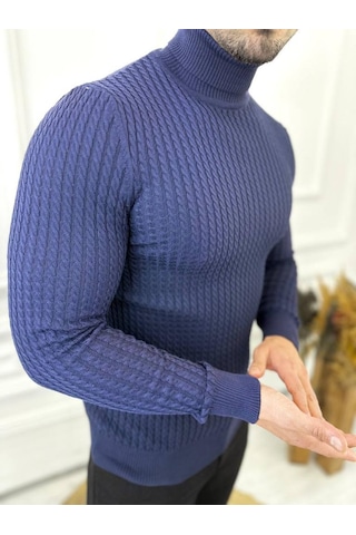 Kazak Slim Fit Tüylenmez Naturel Pamuk Triko Boğazlı Balıkçı Yaka Kazak Lacivert