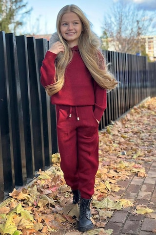 Riccotarz Kız Çocuk Yakası Çıkarılabilir Kürklü Kazak Çift Cepli Triko Bordo Alt Üst Takım Bordo