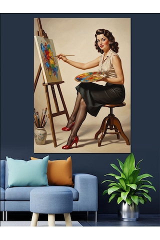 Ahşap Tablo Ressam Kadın Fırça Boya