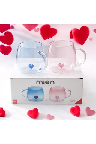 Mien İkili Cam Kupa Seti 250 Ml Kalpli Tasarım Mavi & Pembe Şık Kupa Takımı Çok Renkli