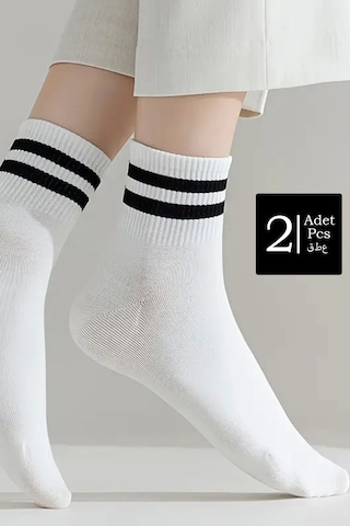 Meine Liebe 2 Li Paket Çember Detaylı Kolej Tenis Çorap Beyaz