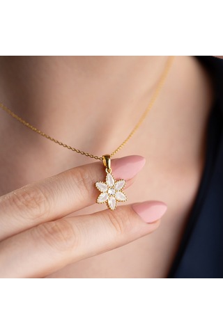Vaoov 925 Ayar Gümüş Damla Taşlı Gold Çiçek Kolye Altın