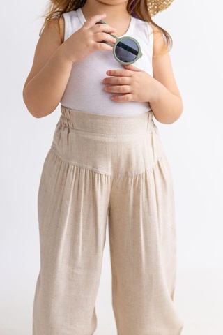 Oliventhekid Korsajlı Büzgülü Keten Kız Çocuk Pantolon Bej Bej