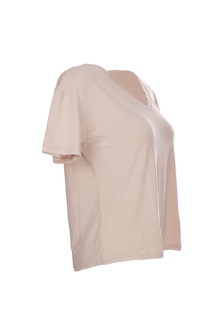 Ysatis V Yaka Oversize Minimalist Kadın Bluz - Kısa Kol - Günlük Bej