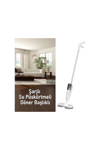 Valkyrie Şarjlı Su Püskürtmeli Elektrikli Mop Çift Döner Başlık, Mikrofiber Ped, 2000 Mah, Tüm Zeminlerde Etkili Beyaz
