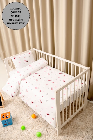 Bebek Nevresim Takımı Fermuarlı 95x145 CM Pembe Yıldız