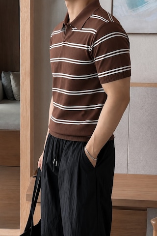 Tarz Cool Erkek Çizgili Polo Yaka Viskon Triko Tişört Slim Fit Yazlık Şık Triko Polo Kahverengi